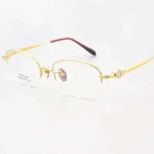 Factory Direct Stylish High End Women’s Semi Rimless Glasses Pure Titanium 18K Gold Shell Accents Durable Glasses Case All Face