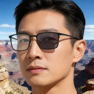 Fashion Custom Logo Rectangle Metal Spring Hinge Photochromic Anti Blue Light UV400 Sunglasses for Men