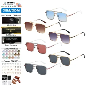 Fashion Designer Glasses Custom Logo Metal UV400 Double Bridge Retro Oversized Square Sunglasses for Unisex Women Men