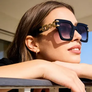 Fashion Square UV400 Rimless Sunglasses Unisex Luxury Gold Metal Chain Temple Retro Oversized Shades Eyewear