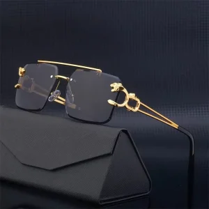 Fashion Vintage Leopard Head Double Bridge Stylish Rimless Sunglasses UV400 Protection Women Sun Glasses