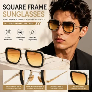Fashionable Retro Square Frame Men’s Sunglasses UV400 High Quality Outdoor Beach Sunshade Sunglasses