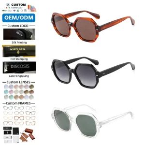 Fashionable Rivet Detail Shades Eyewear Retro Classic Hexagonal Frame Trendy Acetate Sunglasses UV400 TAC Lenses Acrylic