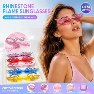 Fire Flame Rhinestone Rimless Y2K Festival Sunglasses for Party and Rave Wear with Custom Factory Options