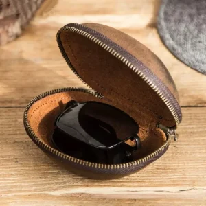 Folding Leather Sunglasses Case with Zipper Closure and Hanging Loop for Eyeglasses