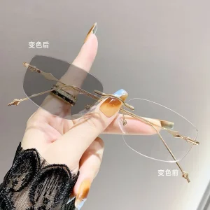 Frameless Edge trimmed Photochromic Myopia Glasses Business use Blue light blocking Flat Lenses With No Prescription