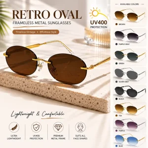 Frameless Oval Metal UV400 Sunglasses for Driving, Beach, and Travel