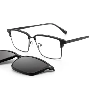 GH3513 Double-Bridge Oversized Metal Eyewear Frames with Clip-On Sunglasses