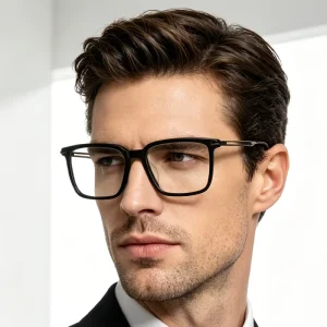 Glossy Full Rim Square Eyeglasses with Hollow Metal Temples Anti Blue Light Clear Lens Frames for Men
