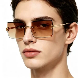 Gradient Lens Square Rimless Sunglasses with Vintage Metal Frame and UV400 Protection