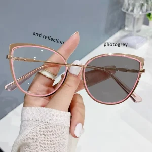 H8327 Newest Women Metal Cat Eye Photochromic Photogrey Optical Frame Anti Blue Light Eyewear Photogrey Anti Reflection Glasses