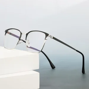Half-Frame Rectangle Metal Reading Glasses, Black TR90 Frame, UV400 Lenses, Anti-Blue-Light, Flexible, Vintage