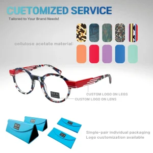 Handcrafted Round Acetate Optical Eyeglass Frames with Contrast Striped Temples Full Rim