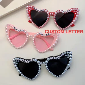 Handmade Pearl Letter Heart Sunglasses Bachelorette Party Wedding Bridal Eyewear Colored Custom Logo