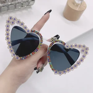 Heart-Shaped Cat-Eye Sunglasses with Diamond Flower Decorations