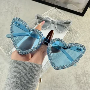 Heart-Shaped Frameless Sunglasses Rhinestone Studded Gray Frame