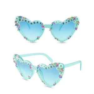 Heart-Shaped Sunglasses, Blue and Pink, Pearl Detail, for Girls and Women, Bachelorette and Wedding Party