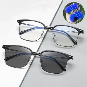 High Quality Men Eyebrow Metal Blue Coating clear Anti Blue Light Eyewear Advanced Outdoor Photochromic UV400 square Sunglasses