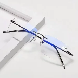 High Quality ultra Light Weight Men Women Rimless Titanium Anti Blue Light Progressive Reading Glasses with Multifocal Lens