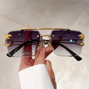 Hot Selling Rimless Cut Edge Rectangle Sunglasses Unisex Frame Leopard Head Double Bridge Sunglasses Men Rimless Sun Glass