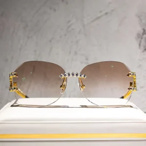 Iced Out Moissanite Rimless Sunglasses Hip Hop Rapper Bling Eyewear with Luxury Copper Frame & Diamond Cut Lenses