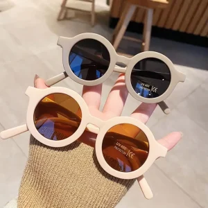 Kids’ Round UV Sunglasses with Beige Frames and Patchwork Design