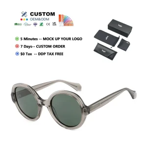 Korean Round Polarized TAC Lenses Sunglasses Private Label Custom Unisex Designer Luxury Acetate Gray Black Frame UV400
