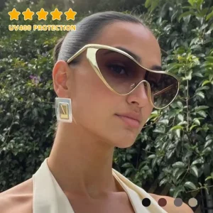 Ladies Newest Fashion Trend Summer Uv Protection Futuristic Y2K Oversized Metal Frame One Piece Cat Eye Sun Glasses for Women
