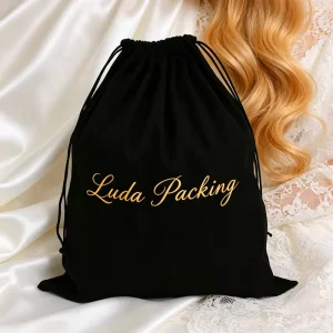 Large Black Velvet Drawstring Dust Pouch with Gold Foil Logo for Cosmetics, Wigs, Shoes, Jewelry, and Travel