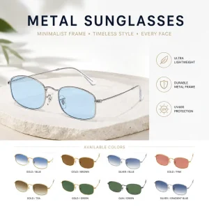 Lightweight Metal Frame Sunglasses with UV400 Protection, Classic Square Design