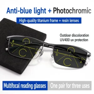 Lightweight Titanium Frame Photochromic Progressive Reading Glasses for Men, Anti-Blue Light, Half-Rim