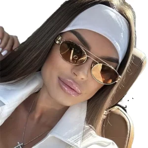 Luxury Brand Vintage Double Beam UV400 Small Full Rim Oval Metal Sunglasses for Women Outdoor