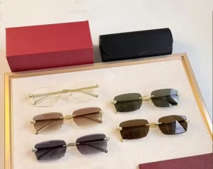 Luxury Fashion Designer Sunglasses for Women and Men Clear Green Yellow Square Metal Frame with Logo Rimless Style with Box