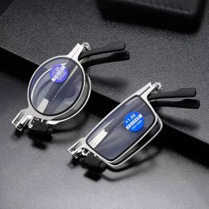 MK2312081 Mini Metal Folding Reading Glasses, Small Round Blue Light Blocking Glasses with Case