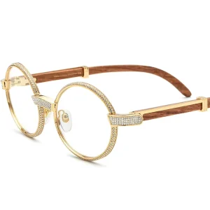 MK24082802 New Luxury Round Optical Eyeglasses Frames Red Wooden Diamond Full Frame Spectacles Eyewear Glasses for Men Woman