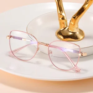 MS 81532 Women’s Metal Eyeglass Frames Shiny Temples Blue Light Blocking