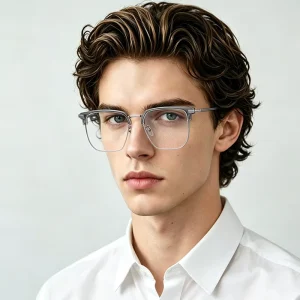 Men’s Alloy Metal Big Square Eyeglass Frames Eyebrow Style Prescription Blue-Block Lenses