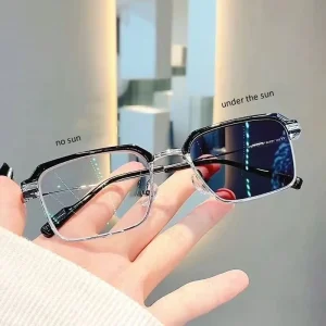 Men’s Half-Metal Photochromic Square Myopia Eyeglass Frame with Blue Light Protection