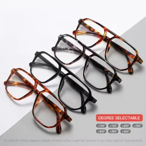 Men’s Large-Frame Double-Bar Pilot Reading Glasses Rectangle PC Frame Spring Clip Chain