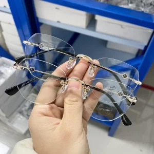 Men’s Metal Rimless Square Eyeglasses Transparent Glass Lenses Solid Pattern Anti Blue Light