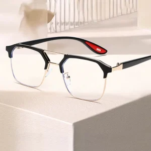 Men’s Square Half-Rim Myopia Eyeglass Frames Anti-Blue Light Double Beam