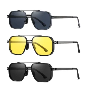 Men’s Square Polarized Sunglasses Metal Frame Double Bridge Driving Glasses Night Vision Eyewear