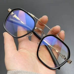 Metal Anti-Blue Light Photochromic Square Full-Rim Glasses with PC Lenses for Unisex Adults