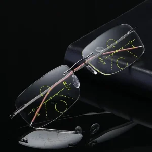 Metal Rimless Progressive Multifocal Reading Glasses Men Blue-Light-Blocking