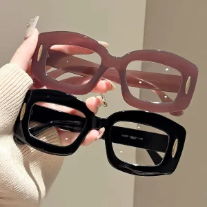 Metal Rivet Rectangular Wide-Rim Optical Eyeglass Frames for Women
