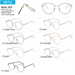 Model 5035 Round Metal Blue-Light-Blocking Optical Eyeglasses Frame, Gold