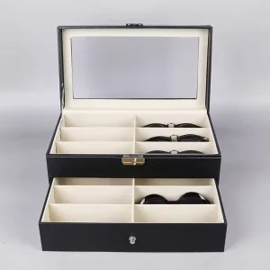 Multiple Colors Eco Friendly Modern Luxury 12 Slots PU Leather Sunglasses Display Case Eyewear Organizer Storage Box Drawer