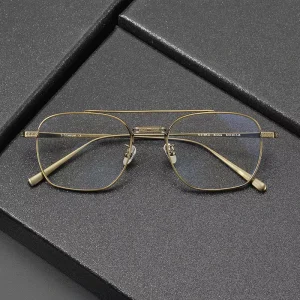 N-015R-A Titanium Gold Thin Full-Rim Eyeglasses Frames with Two Bridges and Double Square Lenses