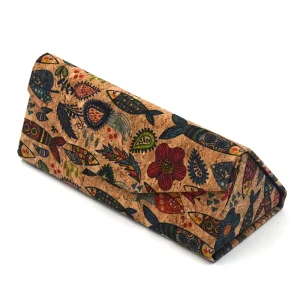 Natural Cork Triangular Folding Glasses Case with Printed Design Collapsible Magnetic Closure