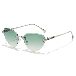 New Lightweight Green Metal Cat Eye Fashion Sunglasses European American Style Personalized Rimless UV400 Sun Glasses